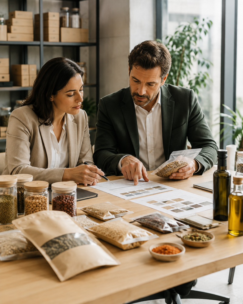 Professional food sourcing discussion with product samples, specifications and packaging