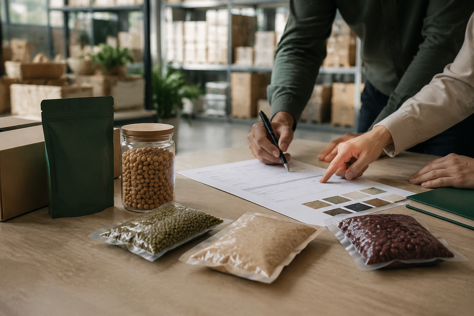 Food buyers reviewing product samples, specifications and packaging requirements